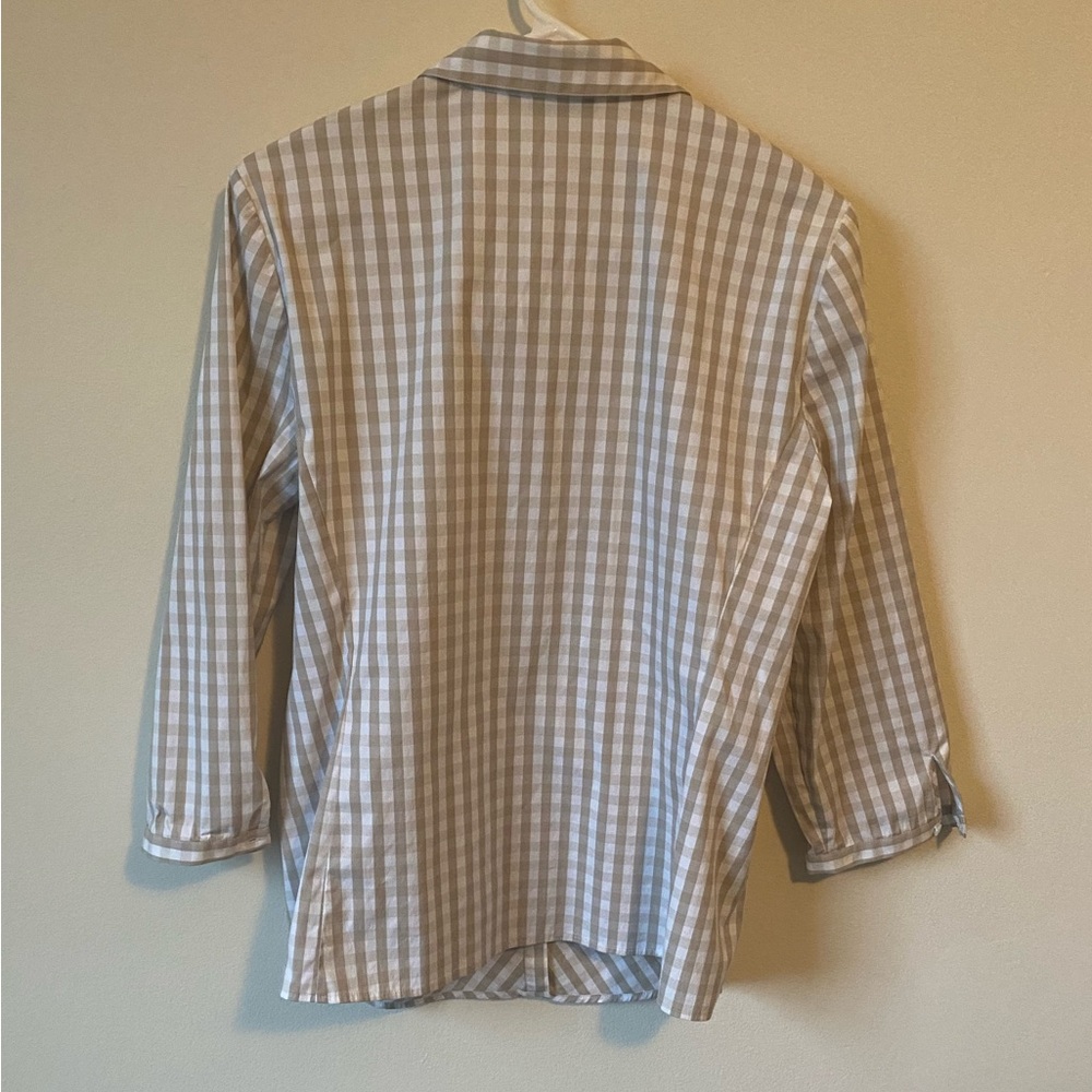 Lafayette 148 New York Beige Gingham Button Down Shirt - Picture 4 of 7